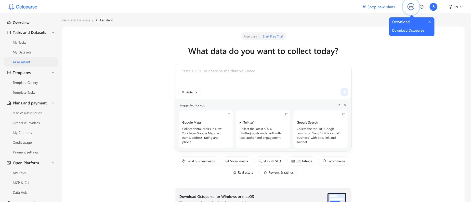 „AI Assistant“ im Tarif „Free“ von Octoparse mit einem URL-Eingabefeld und einer Option zum Herunterladen der Desktop-Anwendung.