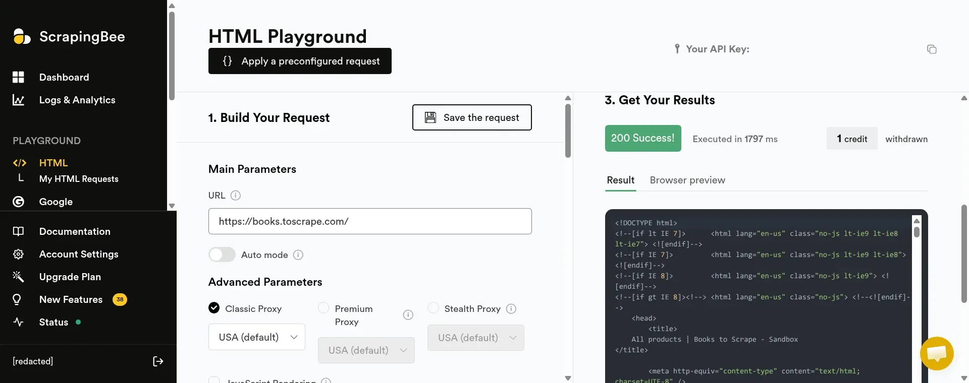 „HTML Playground“ von ScrapingBee mit einer erfolgreichen Books to Scrape-Anfrage und dem Abzug eines Credits.
