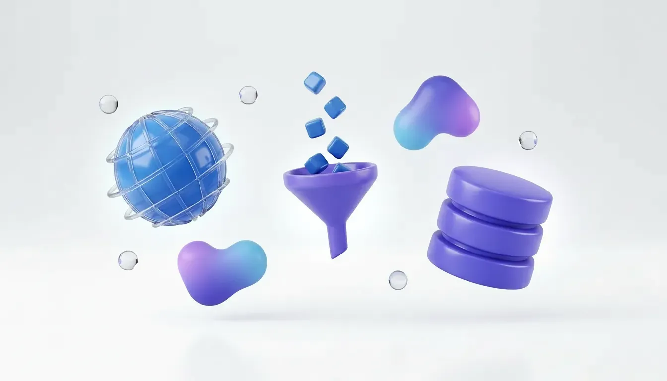 Blauer Globus, violetter Trichter und Datenbankzylinder zur Veranschaulichung der Webdatenextraktion.
