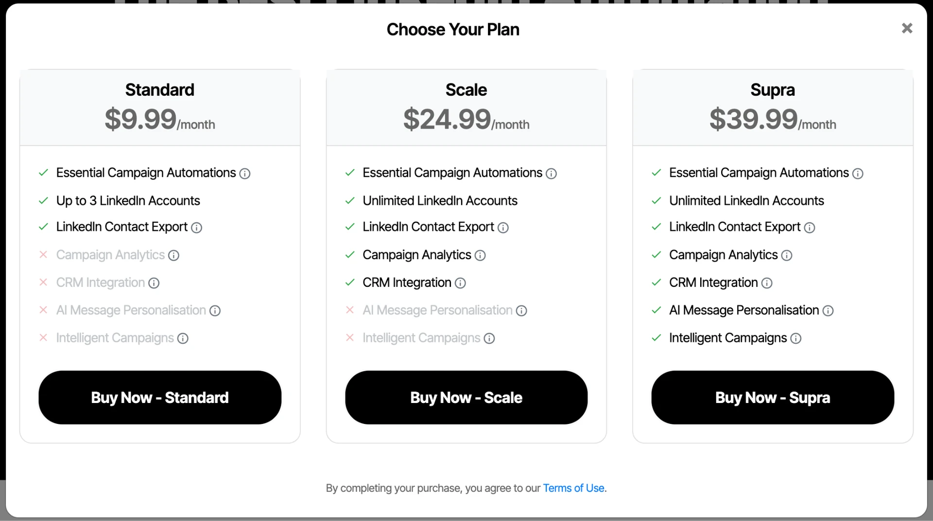 Fenêtre de paiement « Choose Your Plan » de Bindago présentant trois offres côte à côte — Standard à 9,99 $/mois, Scale à 24,99 $/mois et Supra à 39,99 $/mois — chacune accompagnée d’une liste où des coches vertes et des croix rouges indiquent les libellés « Essential Campaign Automations », « LinkedIn Account Allowance », « LinkedIn Contact Export », « Campaign Analytics », « CRM Integration », « AI Message Personalisation » et « Intelligent Campaigns », au-dessus des boutons « Buy Now » propres à chaque offre