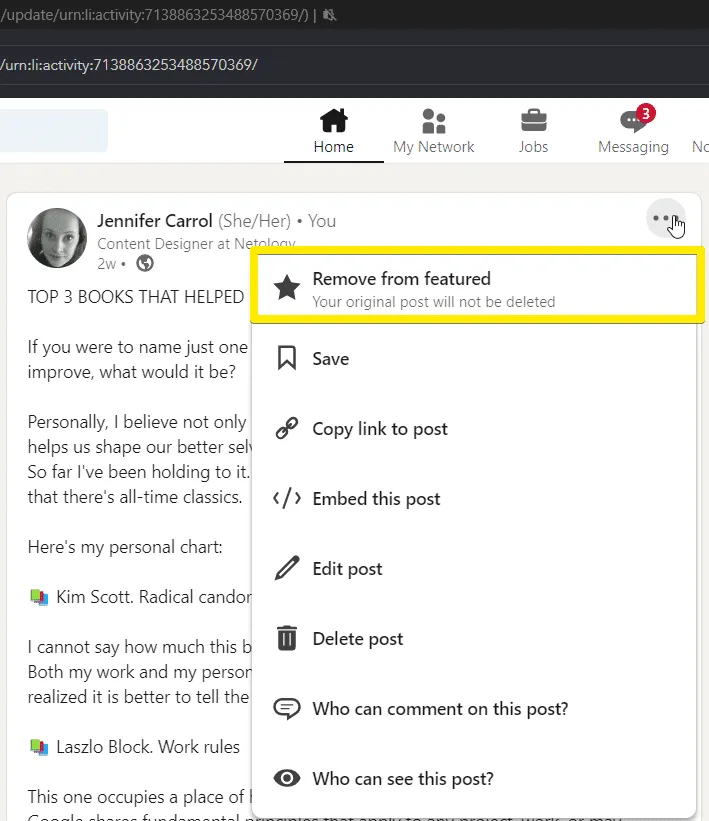 Captura de la sección Featured de LinkedIn