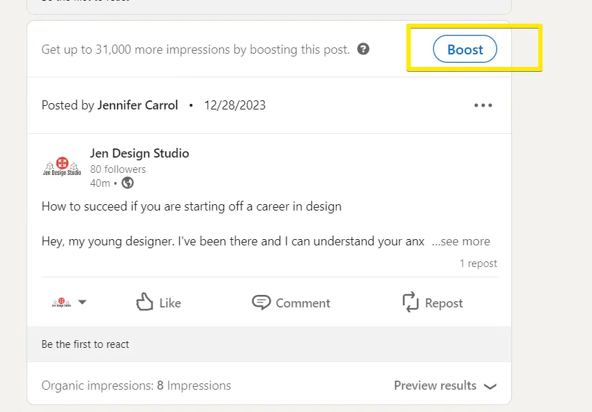 Botón Boost post de LinkedIn