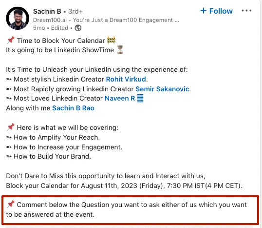 Ejemplo de cómo aumentar la interacción en LinkedIn mediante una llamada a la acción.