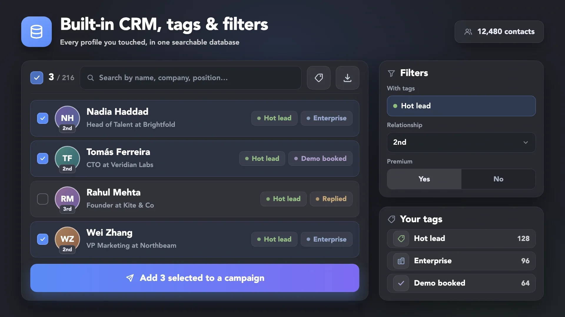 Built-in CRM with tags and filters: searchable contact list, tag filters and Add to campaign action