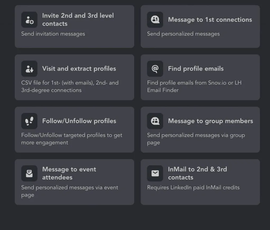Aktionen im Linked Helper-Tool als Alternative zum Kauf eines LinkedIn-Kontos