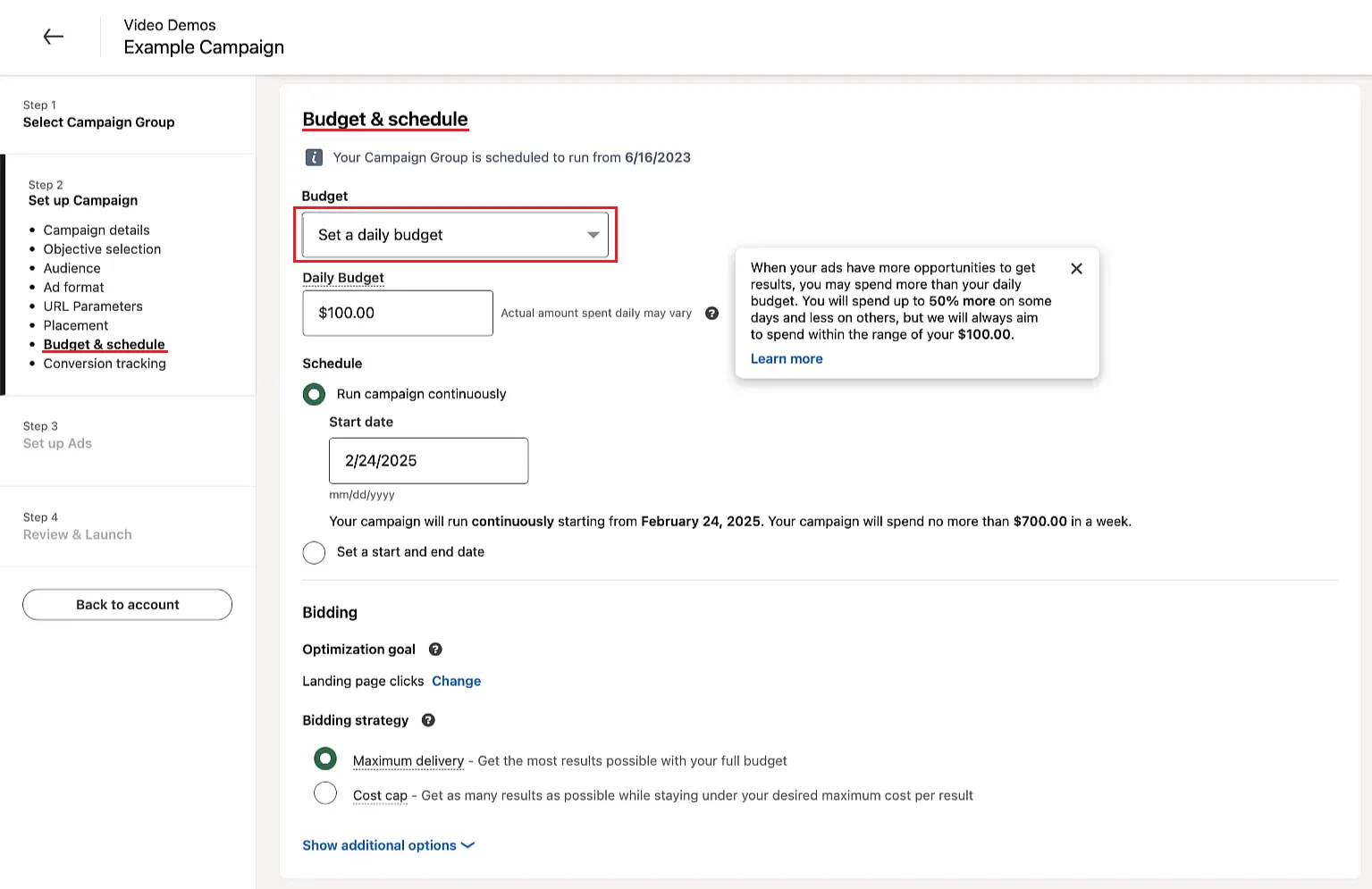 Campaign Manager Budget Screen
