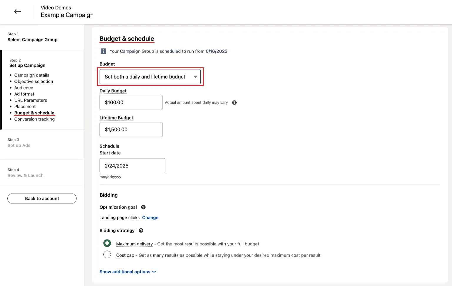 Campaign Manager Budget Screen