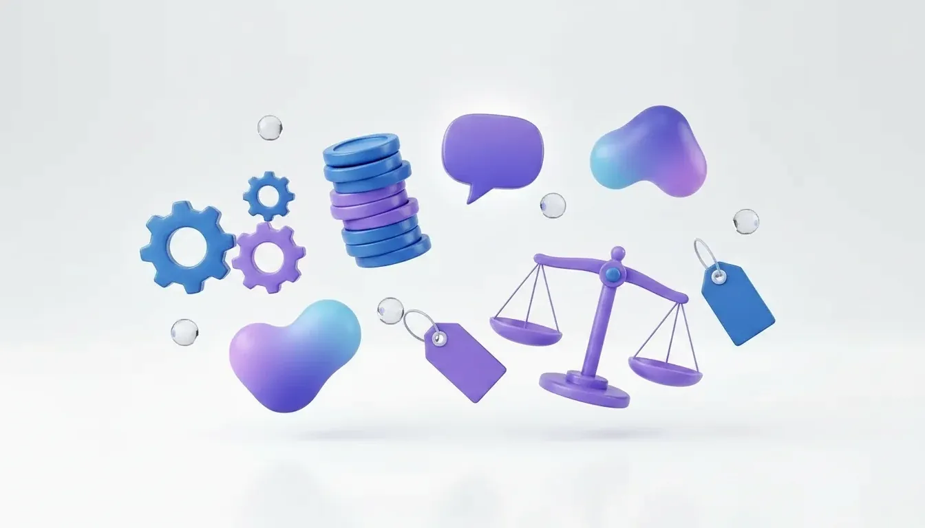 Wordless 3D illustration of price tags, automation gears, coin stacks, and comparison scales