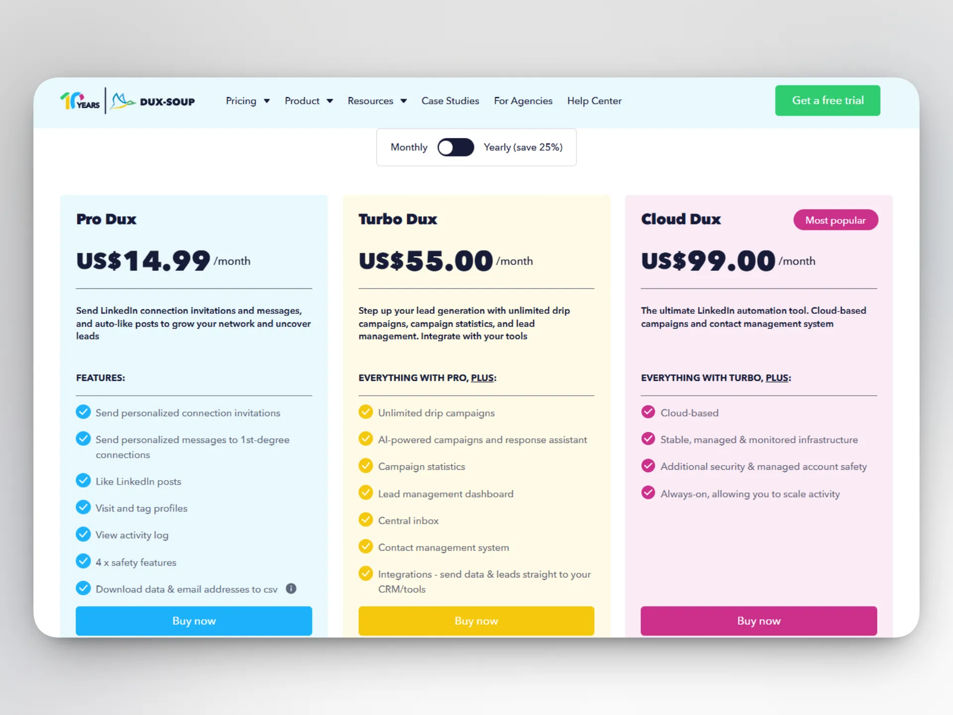 Página de precios de Dux-Soup que muestra los planes mensuales Pro Dux, Turbo Dux y Cloud Dux