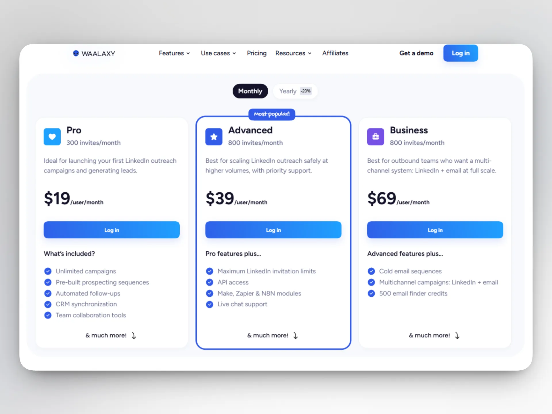 Página de precios de Waalaxy que compara los planes mensuales Pro, Advanced y Business