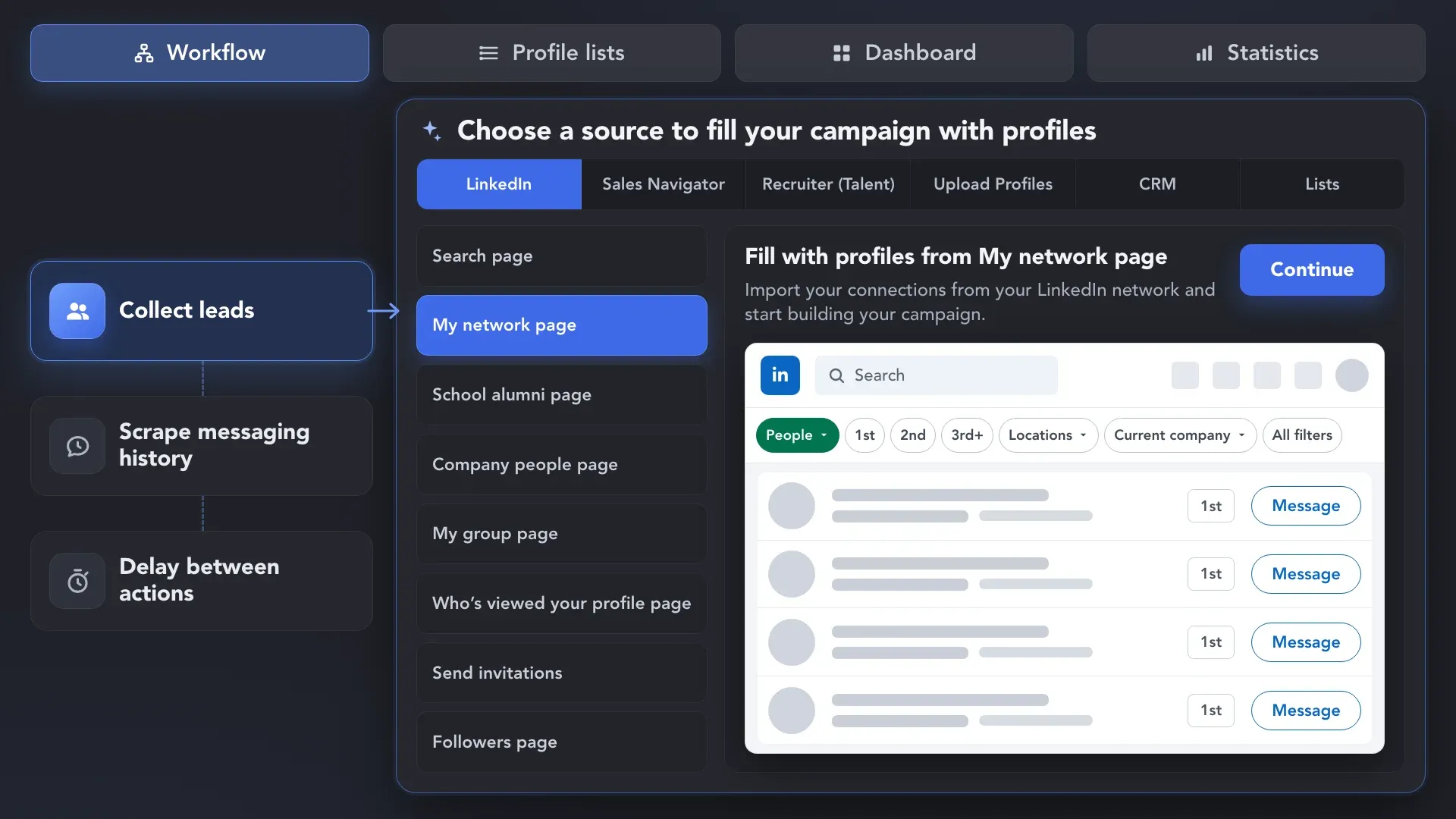 Linked Helper workflow showing leads collected from the LinkedIn My Network page for messaging history scraping.