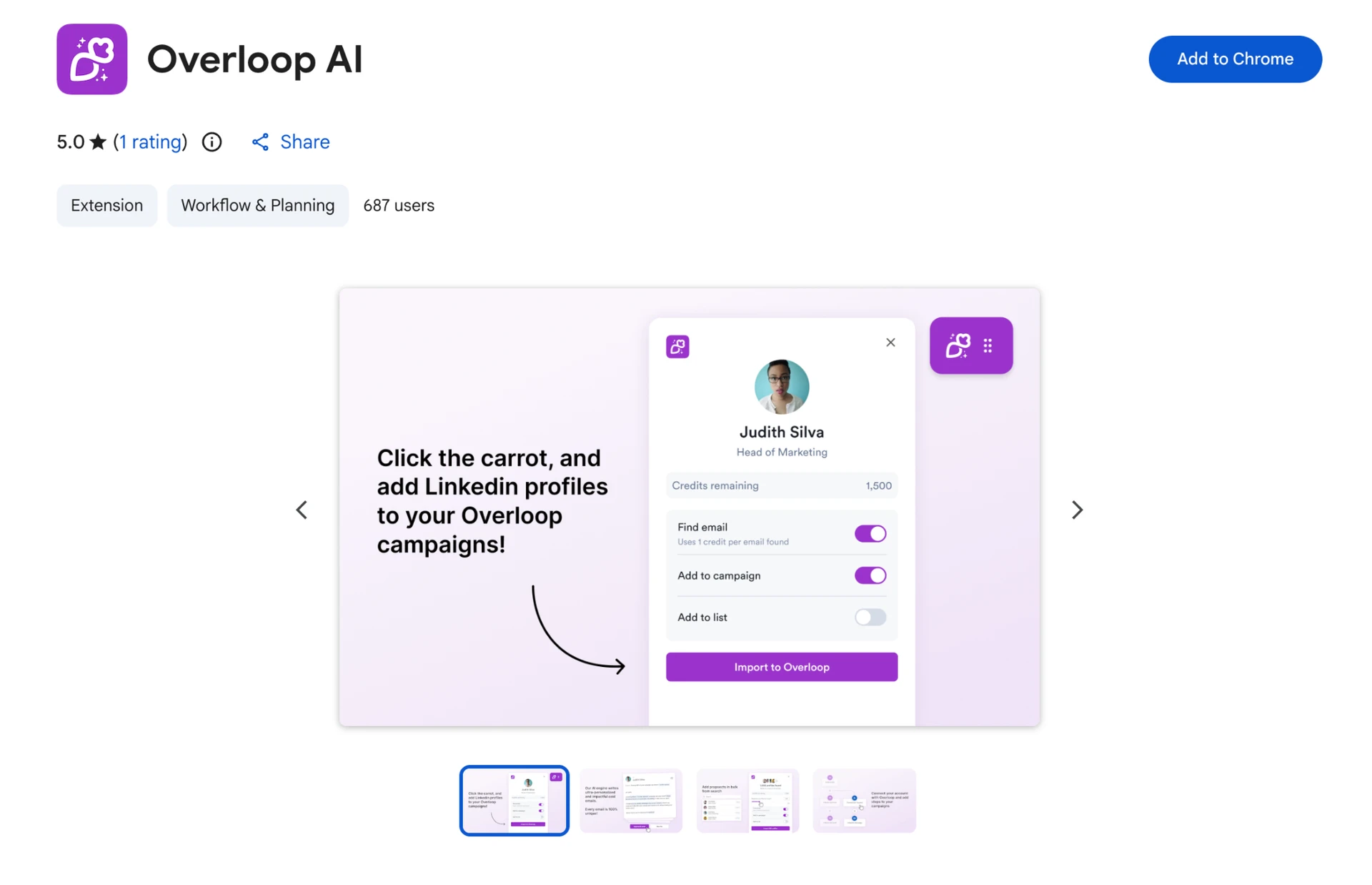 Chrome Web Store listing for the Overloop AI extension — 5.0 stars from 1 rating, Workflow & Planning category, 687 users — with a preview of the in-LinkedIn panel showing credits remaining and Find email, Add to campaign and Add to list toggles above an Import to Overloop button