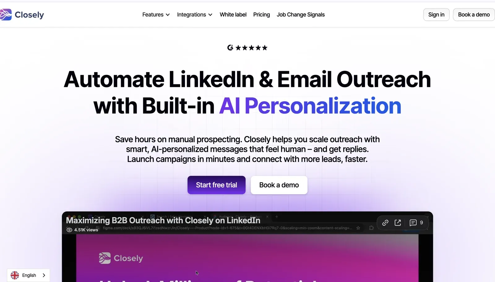 Closely homepage for AI-powered LinkedIn and email outreach campaigns