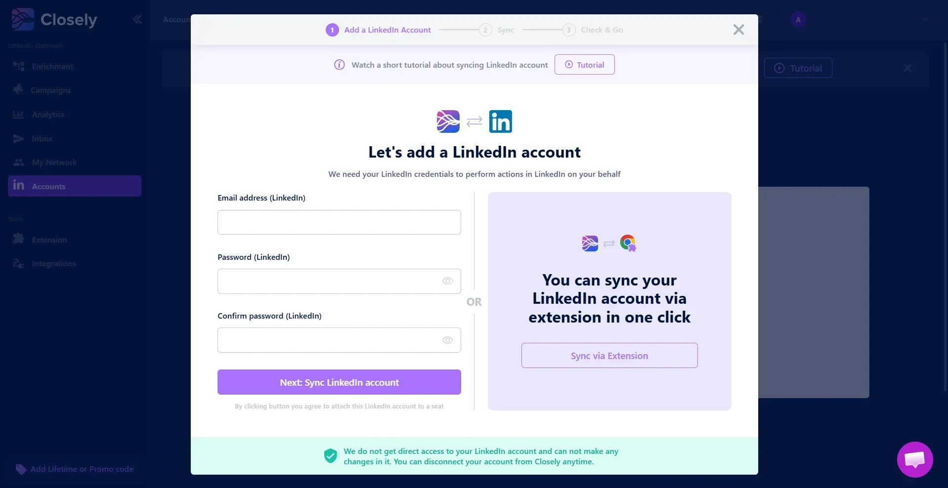 Closely add-account window saying it gets no direct access to your LinkedIn account