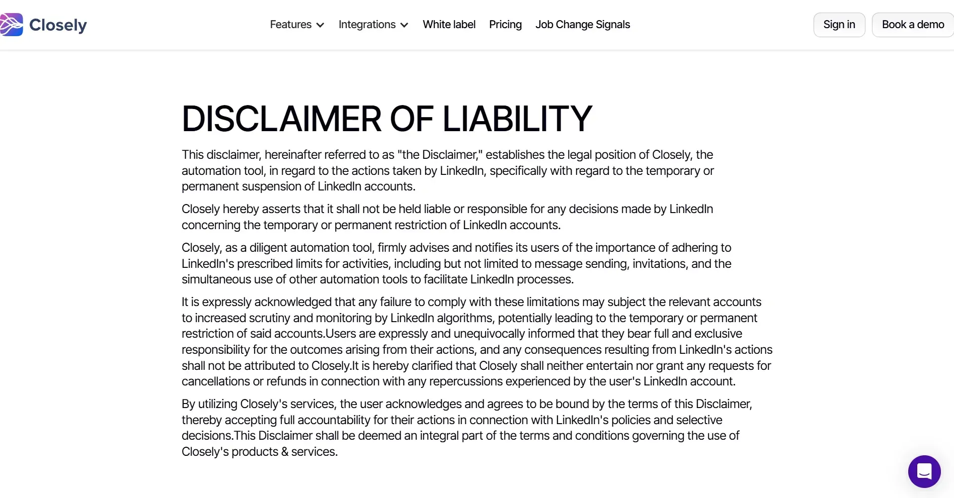 Closely disclaimer of liability stating that it will not grant cancellation or refund requests for repercussions on the user's LinkedIn account