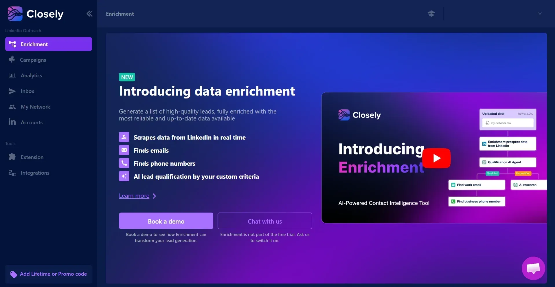 Closely Enrichment screen saying enrichment is not part of the free trial
