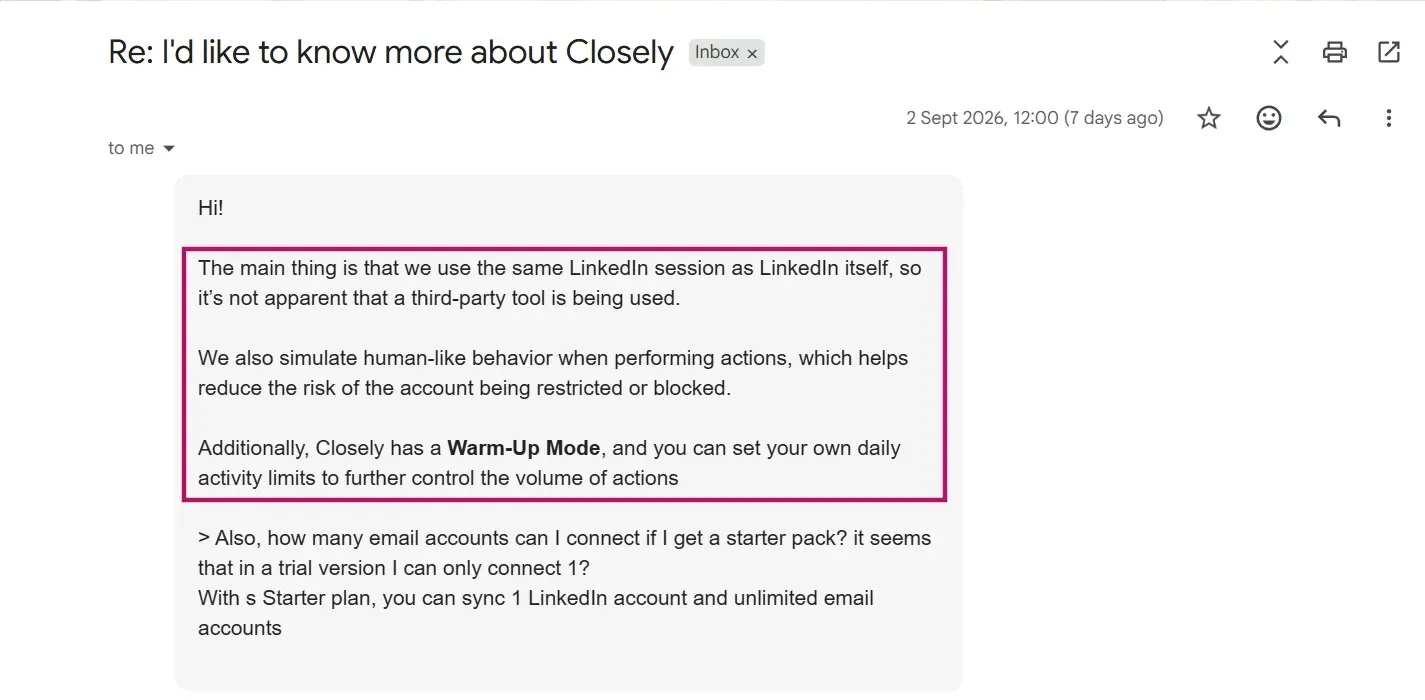 Closely support email saying it uses the same LinkedIn session as LinkedIn itself