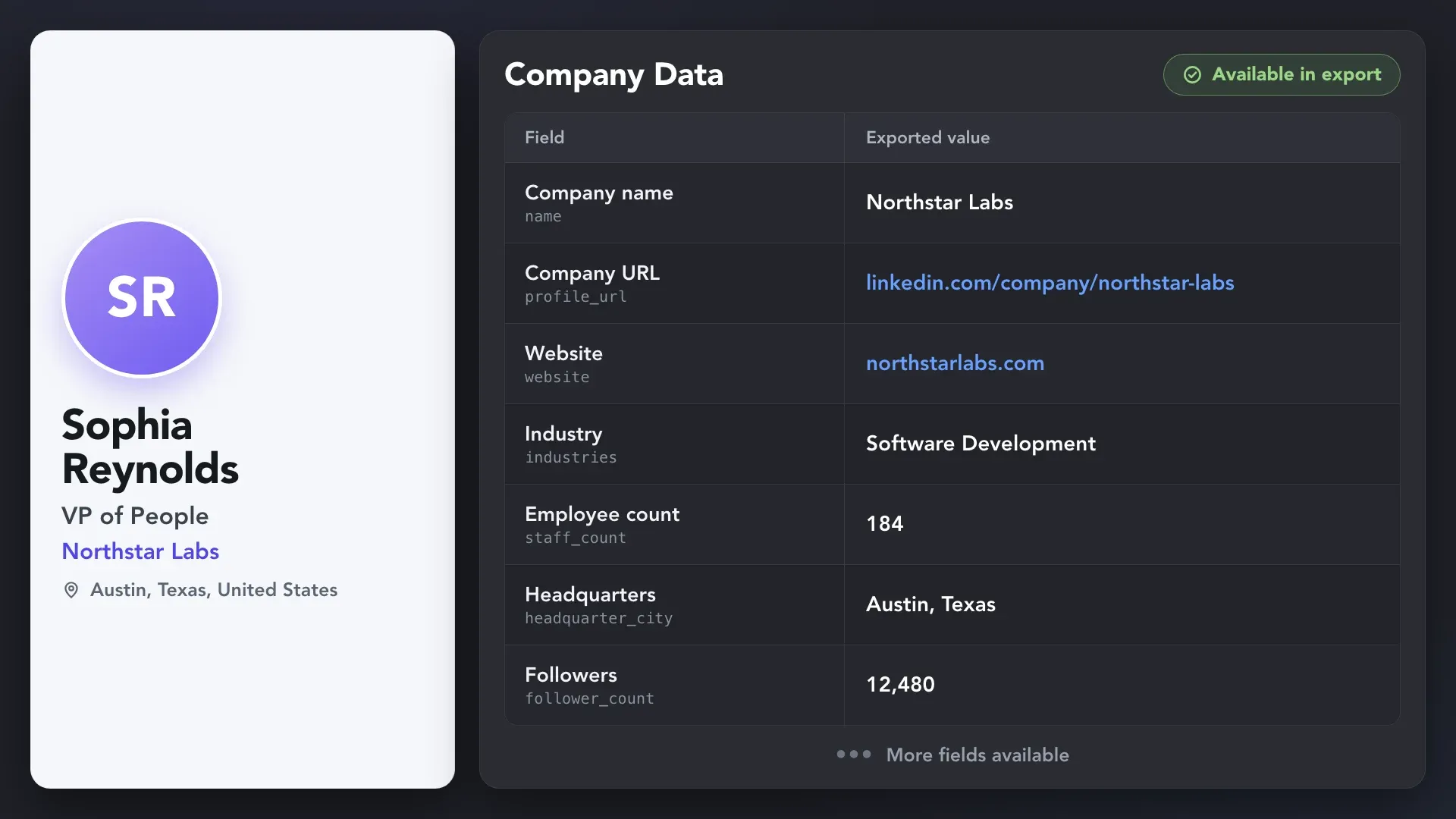 Linked Helper company data export showing Northstar Labs’ LinkedIn URL, website, industry, employee count, headquarters, and follower count.
