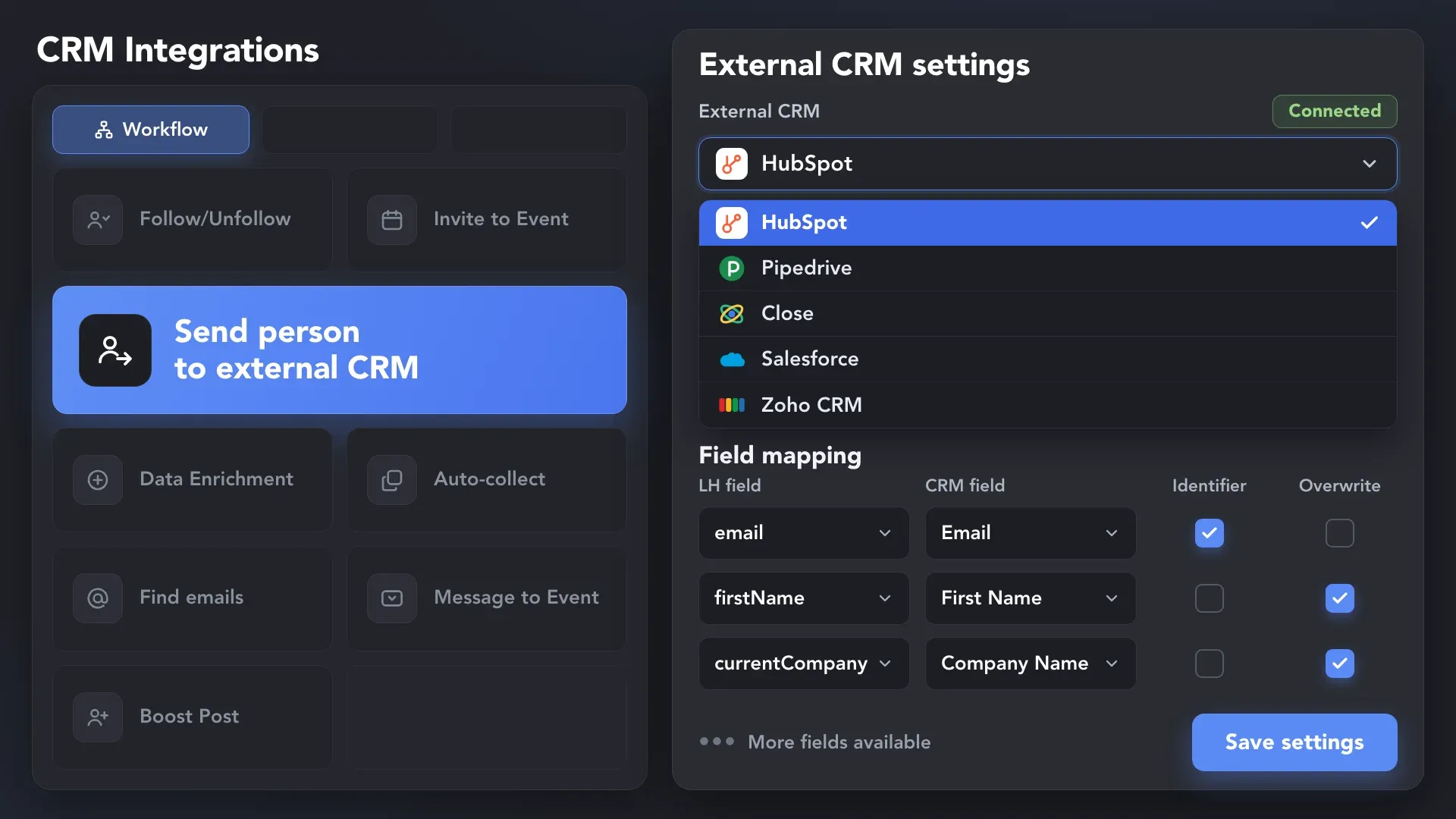Linked Helper workflow sending a lead to a selected external CRM with available integrations and field mapping settings.
