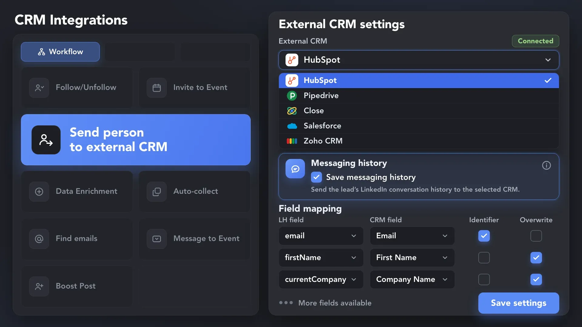 Linked Helper CRM integration settings showing messaging history sync to HubSpot, Pipedrive, Close, Salesforce, and Zoho CRM