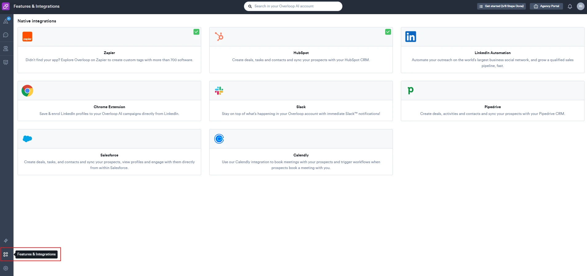 Overloop AI Features & Integrations screen listing native integrations — Zapier and HubSpot marked connected, plus LinkedIn Automation, Chrome Extension, Slack, Pipedrive, Salesforce and Calendly