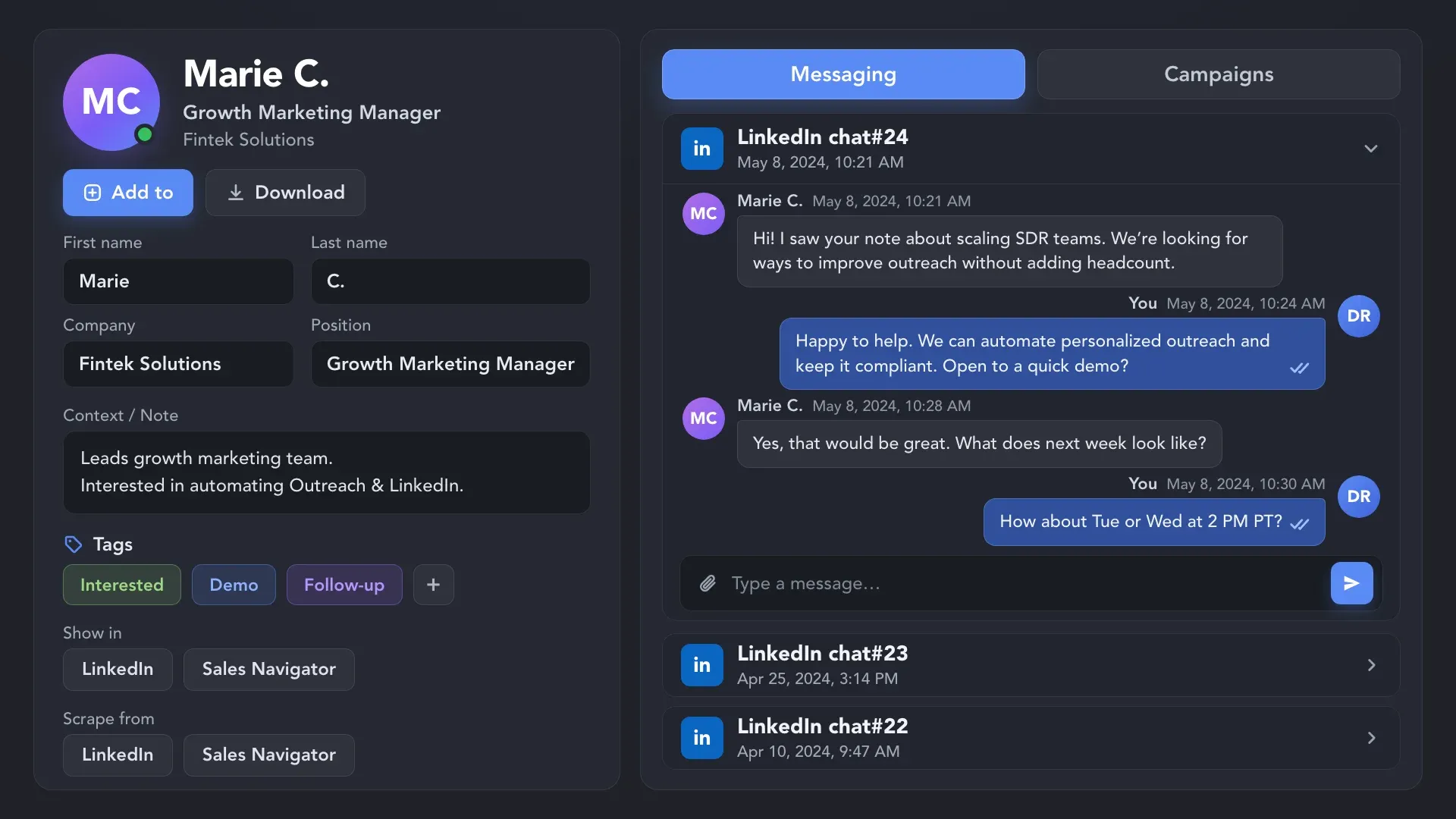 Linked Helper CRM card showing saved LinkedIn messaging history for a lead, including chat threads, tags, notes, and conversation details