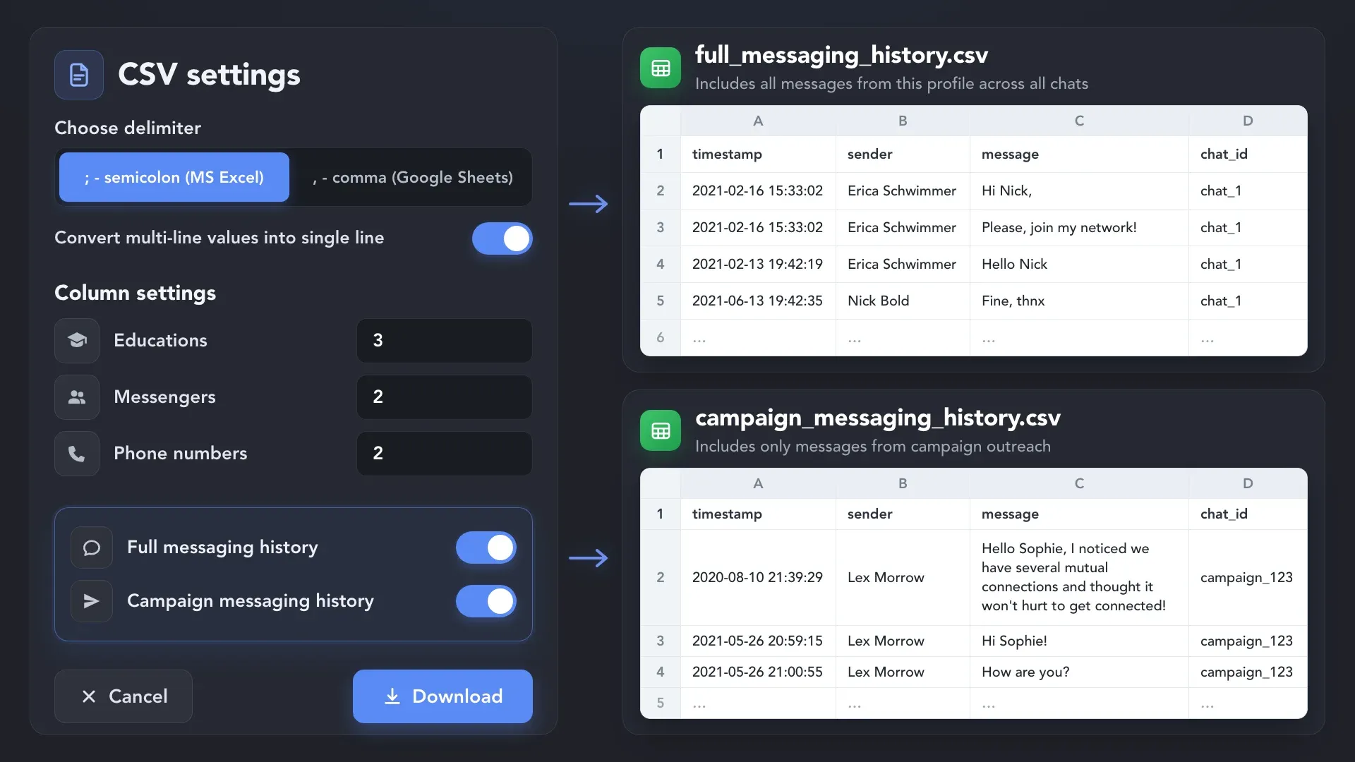 CSV export settings showing full and campaign messaging history downloaded with lead data