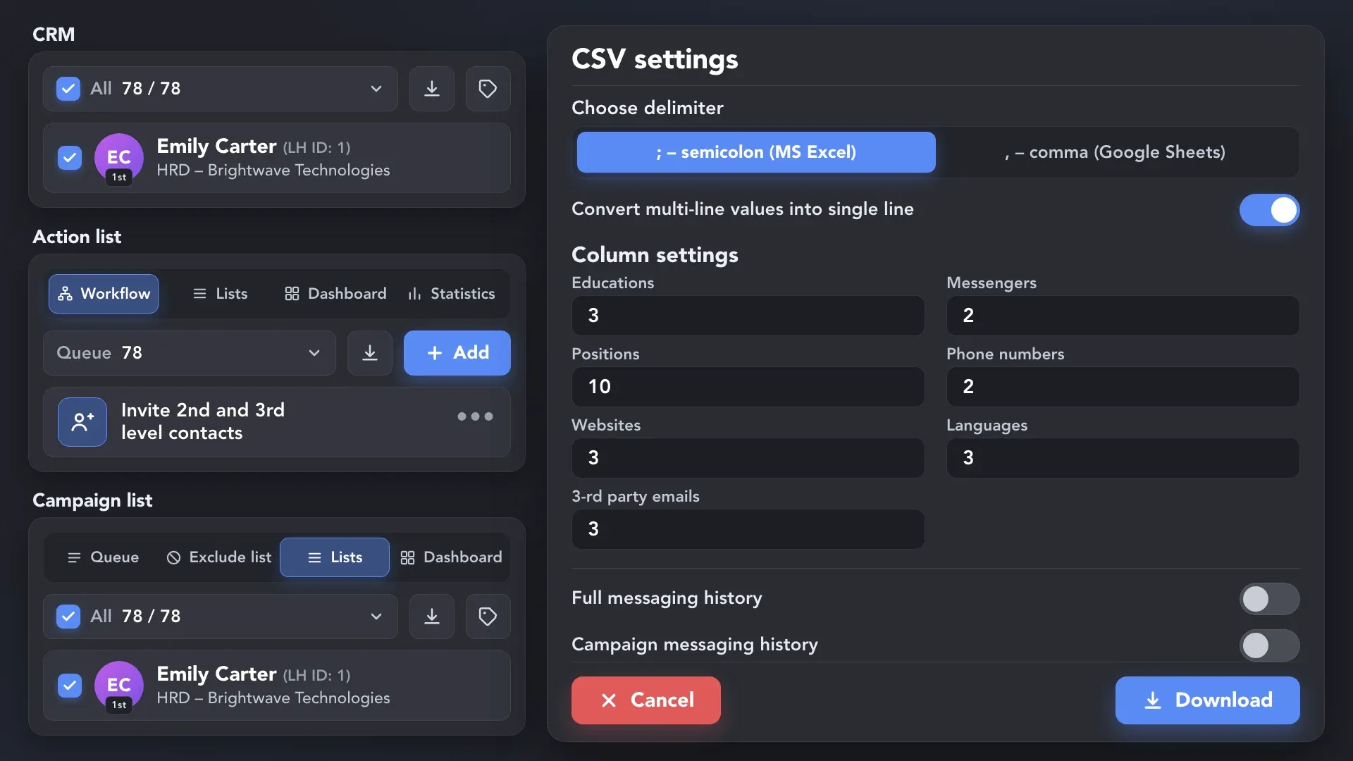 Linked Helper CSV export showing lead selection from the CRM, an action list, or a campaign list with configurable column and messaging history settings.