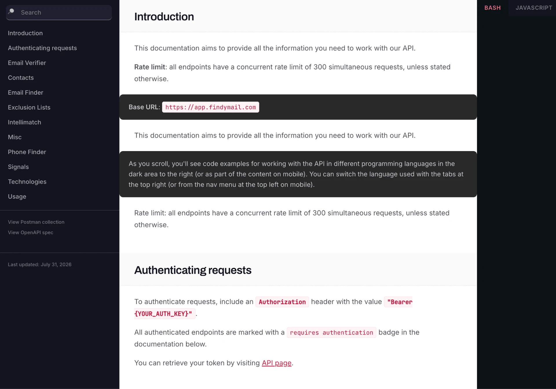 Findymail API documentation introduction stating a 300-simultaneous-request concurrent rate limit and the app.findymail.com base URL, with Bearer-token authentication and a sidebar listing the Email Verifier, Contacts, Email Finder, Intellimatch, Phone Finder, Signals and Usage endpoints