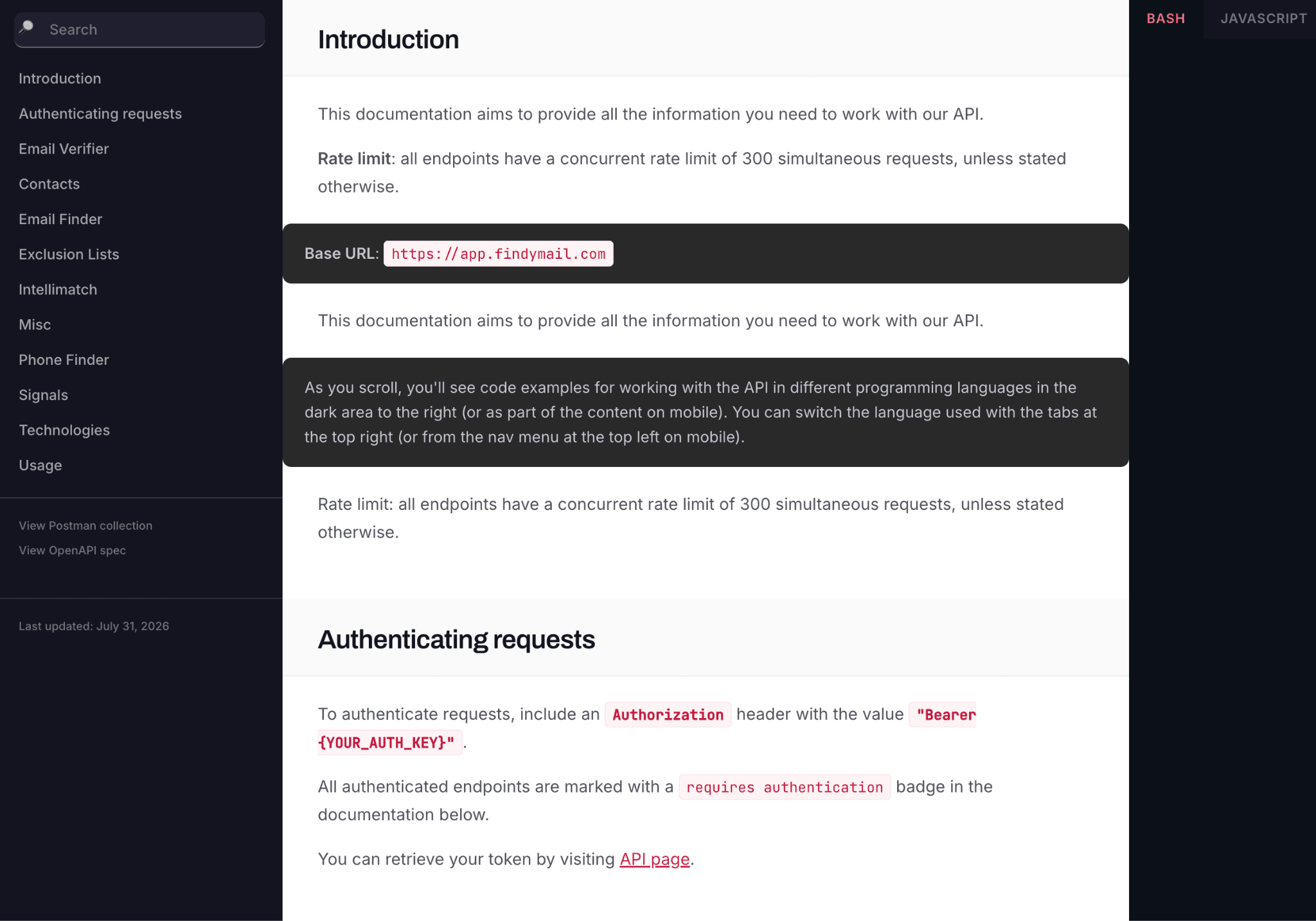 Findymail API documentation introduction stating a 300-simultaneous-request concurrent rate limit and the app.findymail.com base URL, with Bearer-token authentication and a sidebar listing the Email Verifier, Contacts, Email Finder, Intellimatch, Phone Finder, Signals and Usage endpoints