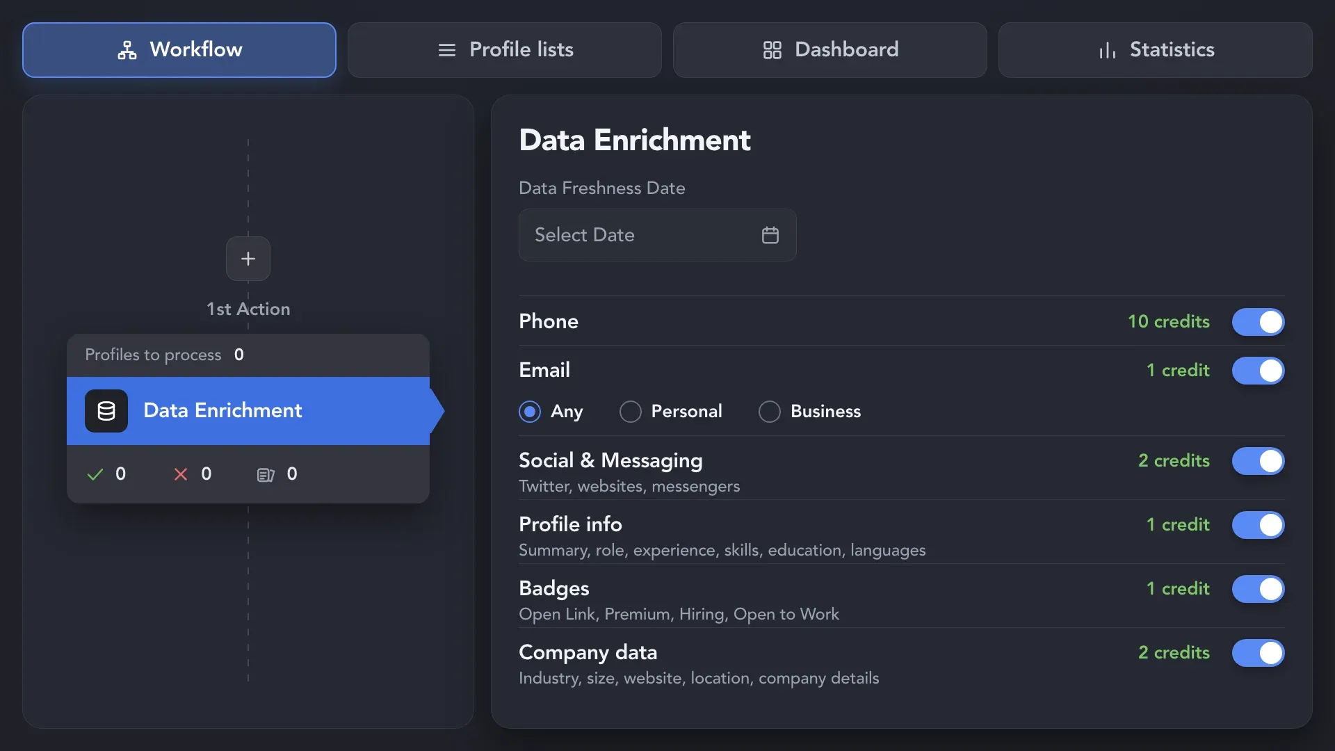 Linked Helper’s Data Enrichment action instantly adding available contact, profile, company, and LinkedIn badge data without visiting profiles.