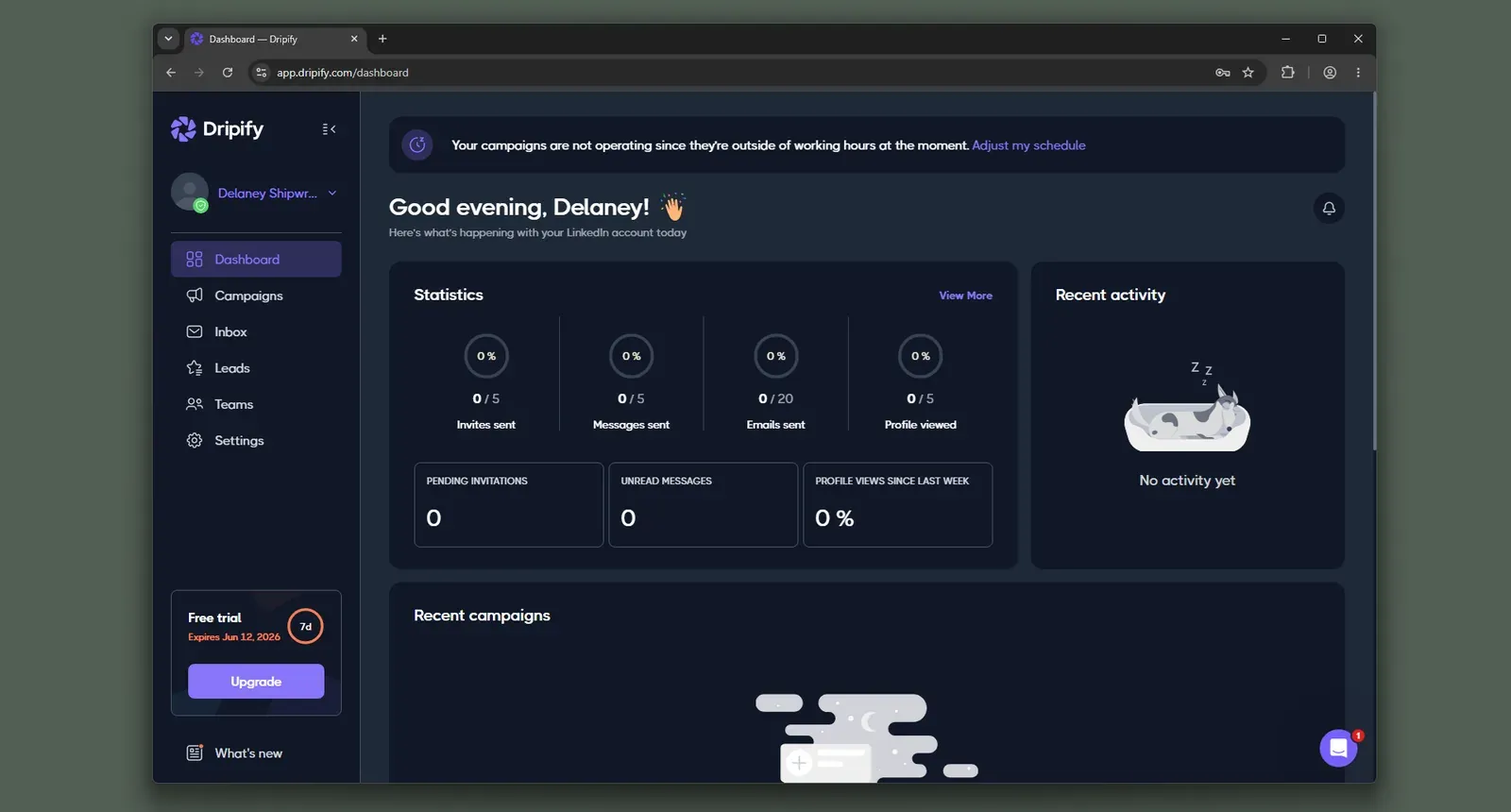 Dripify dashboard - mid-July 2026