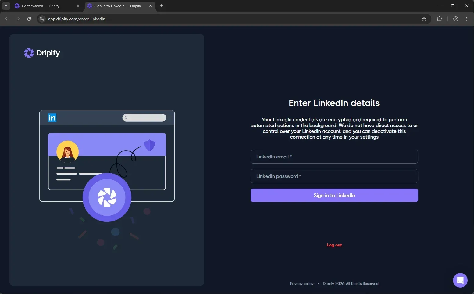 Dripify-Ansicht „Enter LinkedIn details“ in unserem Testkonto mit Feldern für die LinkedIn-E-Mail-Adresse und das Passwort