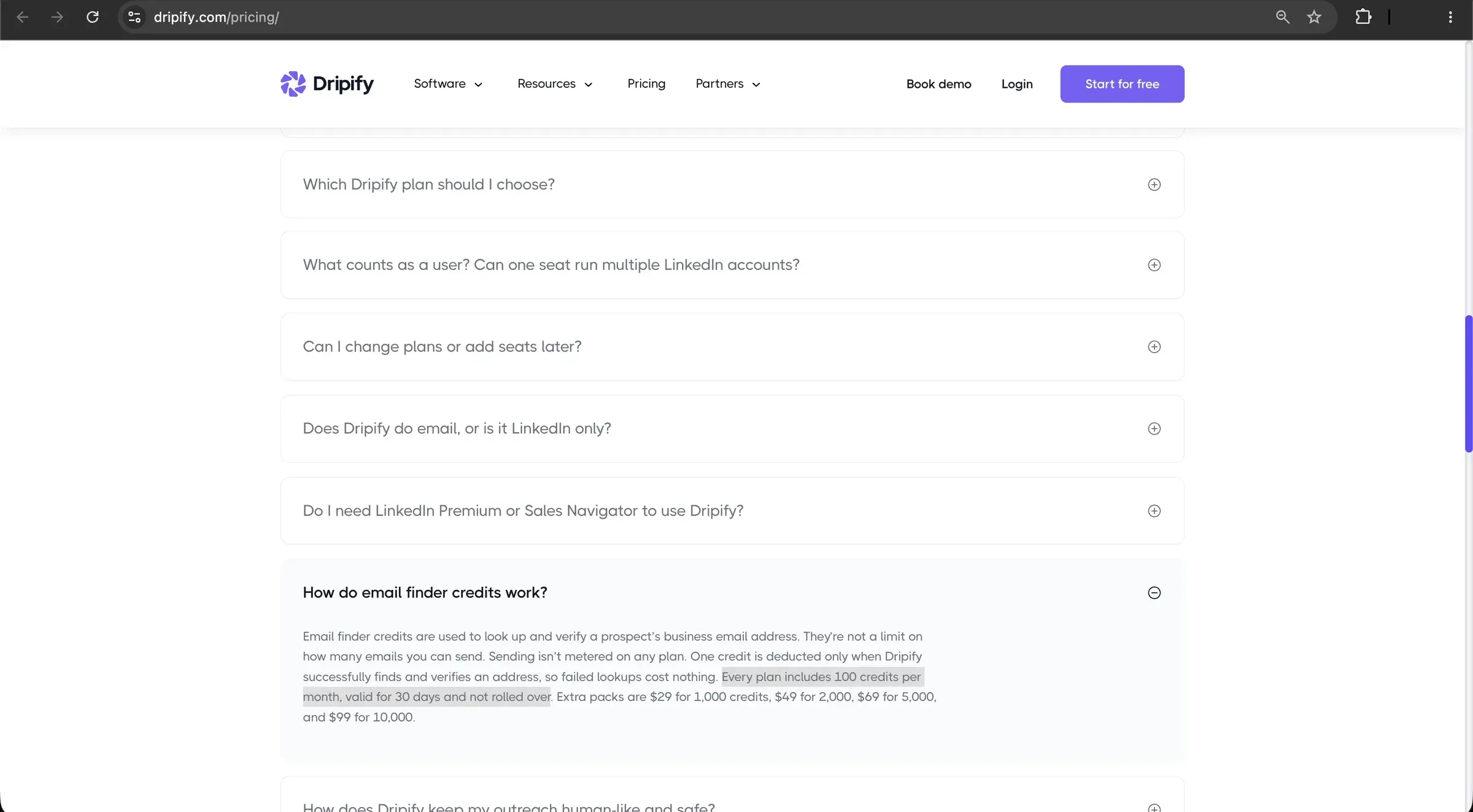 Dripify pricing page FAQ saying every plan includes 100 credits per month, valid for 30 days and not rolled over