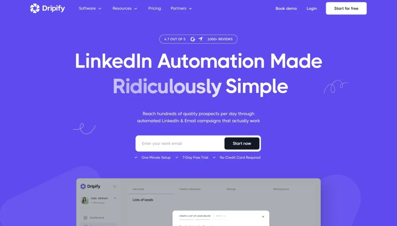 Dripify home page, June 2026 — headline 'LinkedIn Automation Made Ridiculously Simple'
