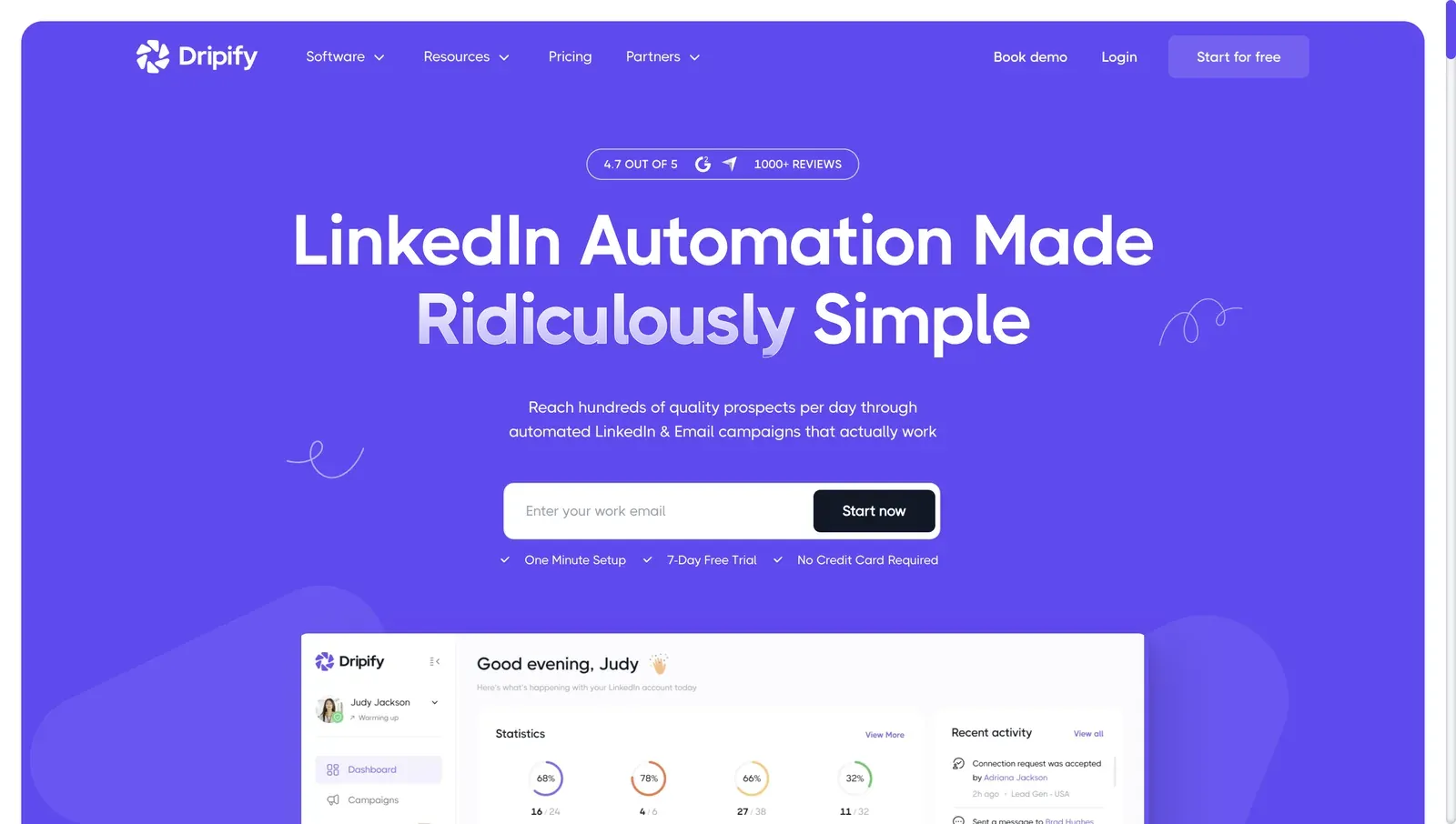 Dripify homepage for its cloud LinkedIn sequence builder