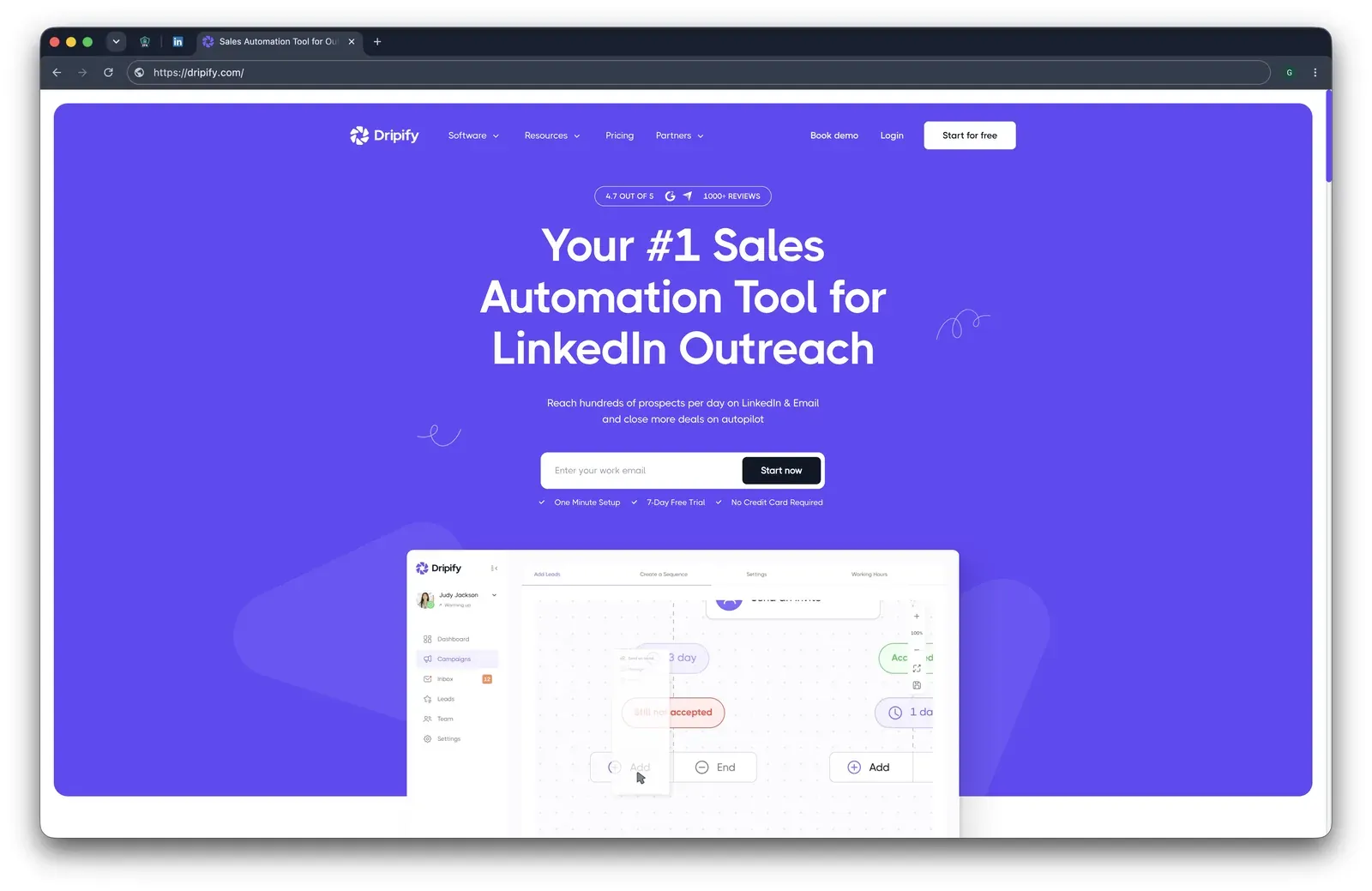 Dripify homepage and campaign builder - July 2026