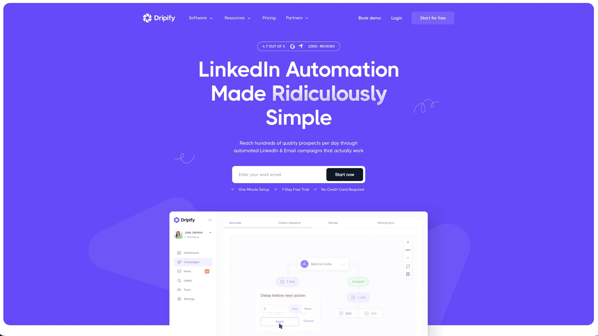 Dripify homepage — "LinkedIn Automation Made Ridiculously Simple" — with the 4.7 out of 5 from 1000+ reviews badge and a campaign sequence editor preview