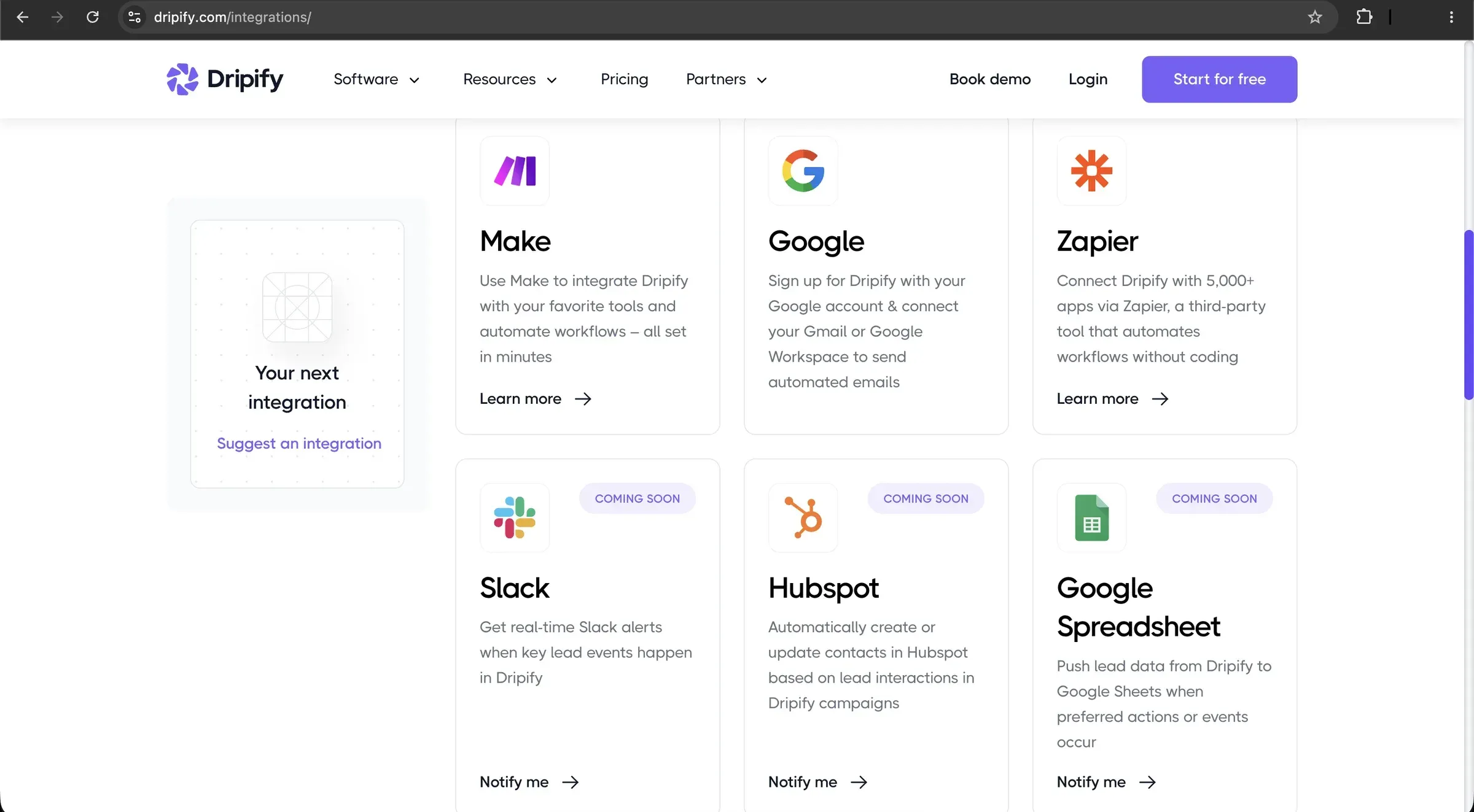 Dripify integrations page with Make, Google and Zapier live and Slack, HubSpot and Google Spreadsheet marked coming soon