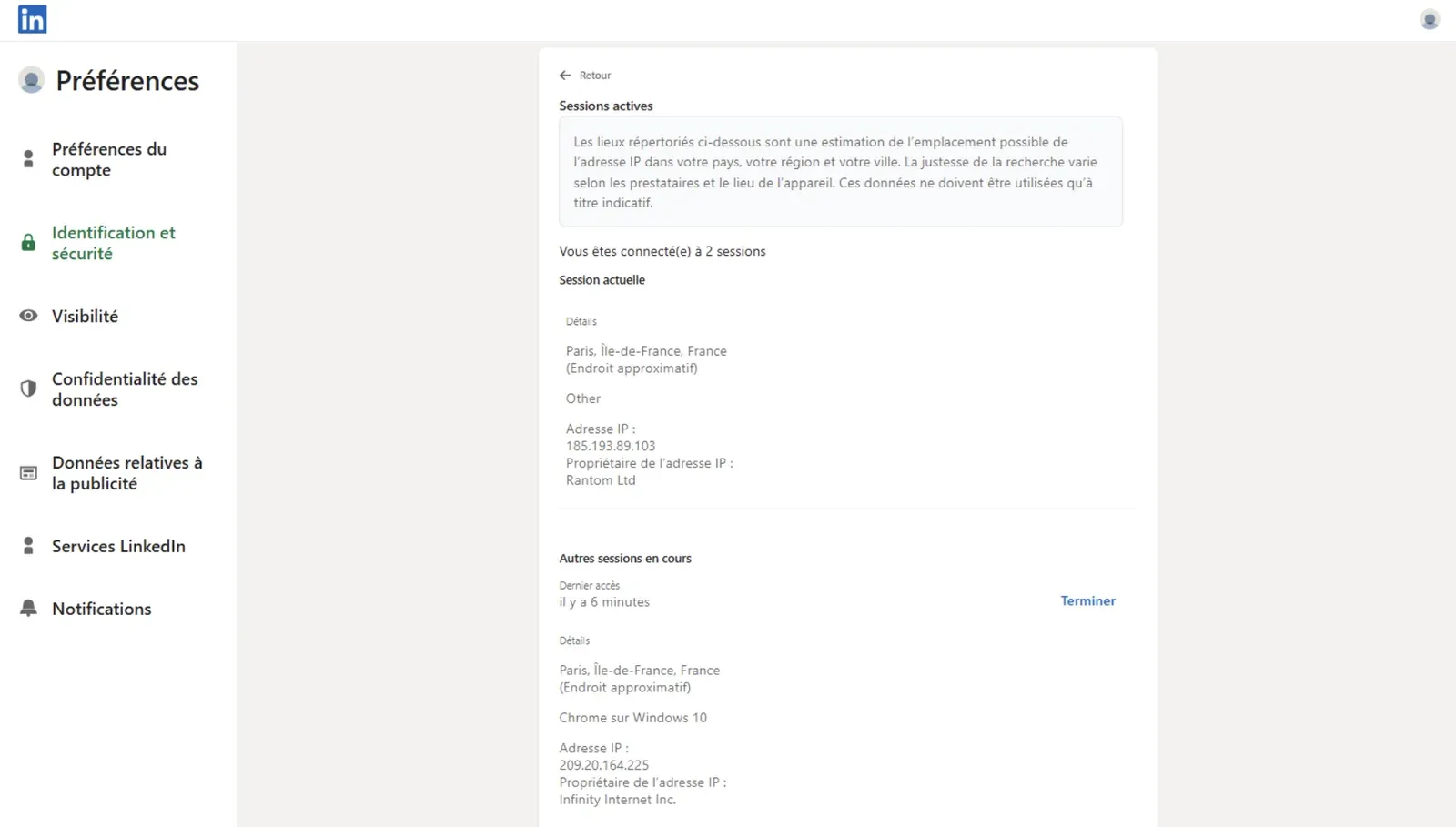 LinkedIn active-sessions view during the Dripify cloud test, showing assigned session IP 209.20.164.225