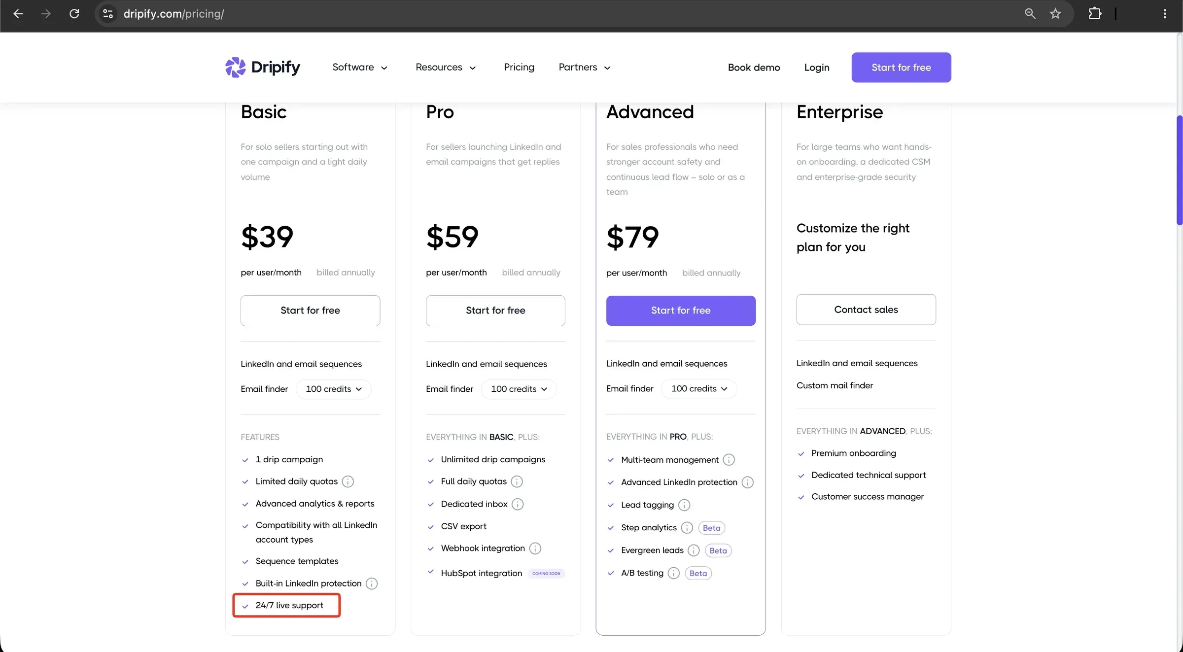 Dripify public pricing page with Basic at $39, Pro at $59 and Advanced at $79 billed annually