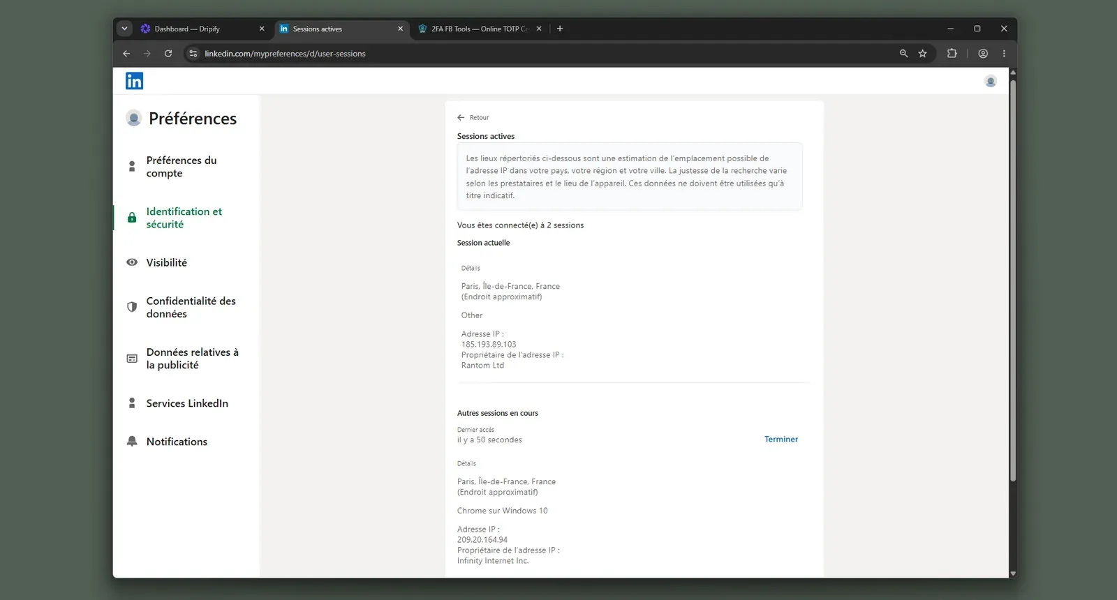 LinkedIn active sessions during the Dripify test, second account - mid-July 2026