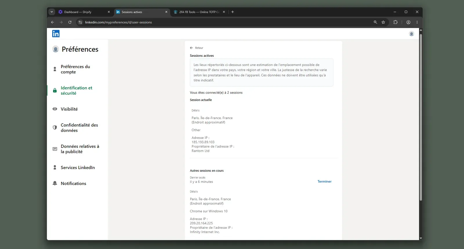 Dripify active sessions cloud IP evidence - July 2026