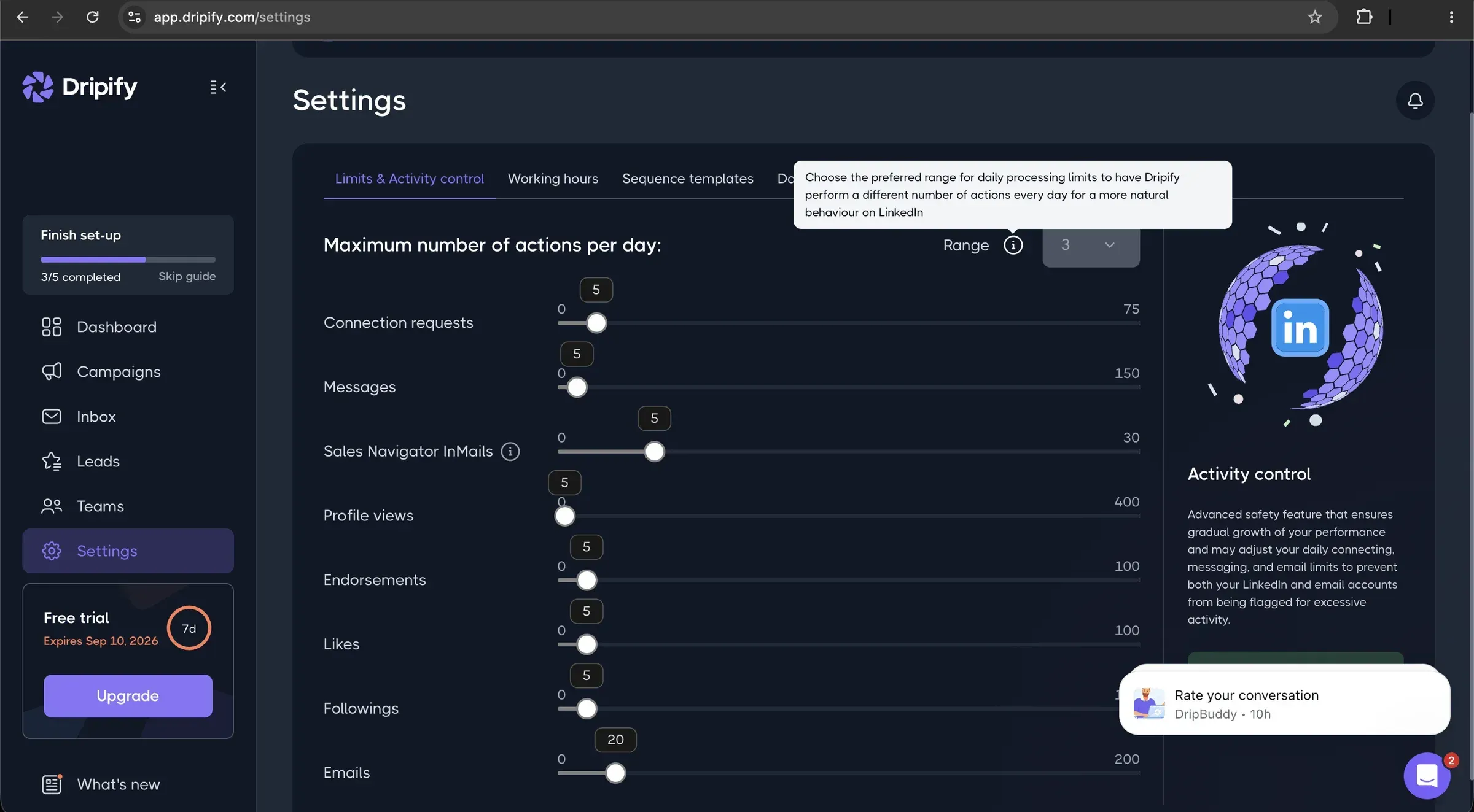 Dripify Limits and Activity control settings on the Advanced trial with connection requests, messages and profile views all set to 5 per day