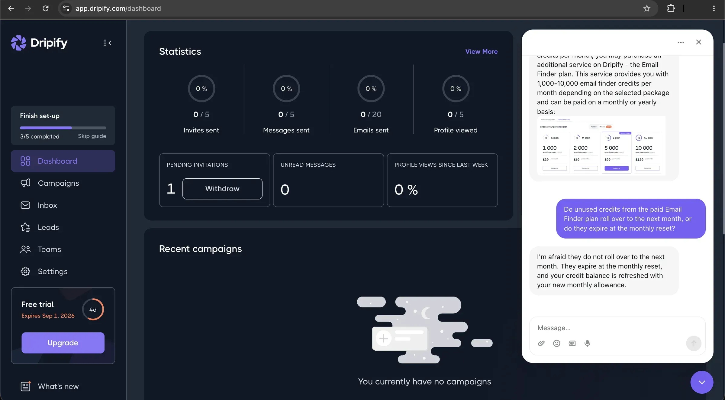 Dripify support chat saying unused email finder credits do not roll over and expire at the monthly reset