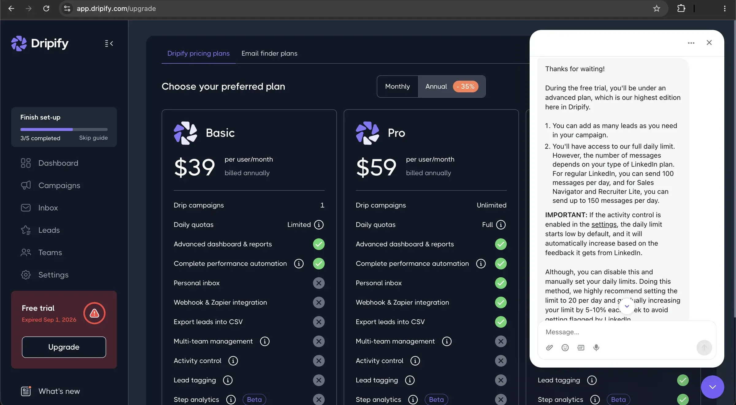 Dripify support chat saying the daily limit starts low by default and increases automatically based on feedback from LinkedIn