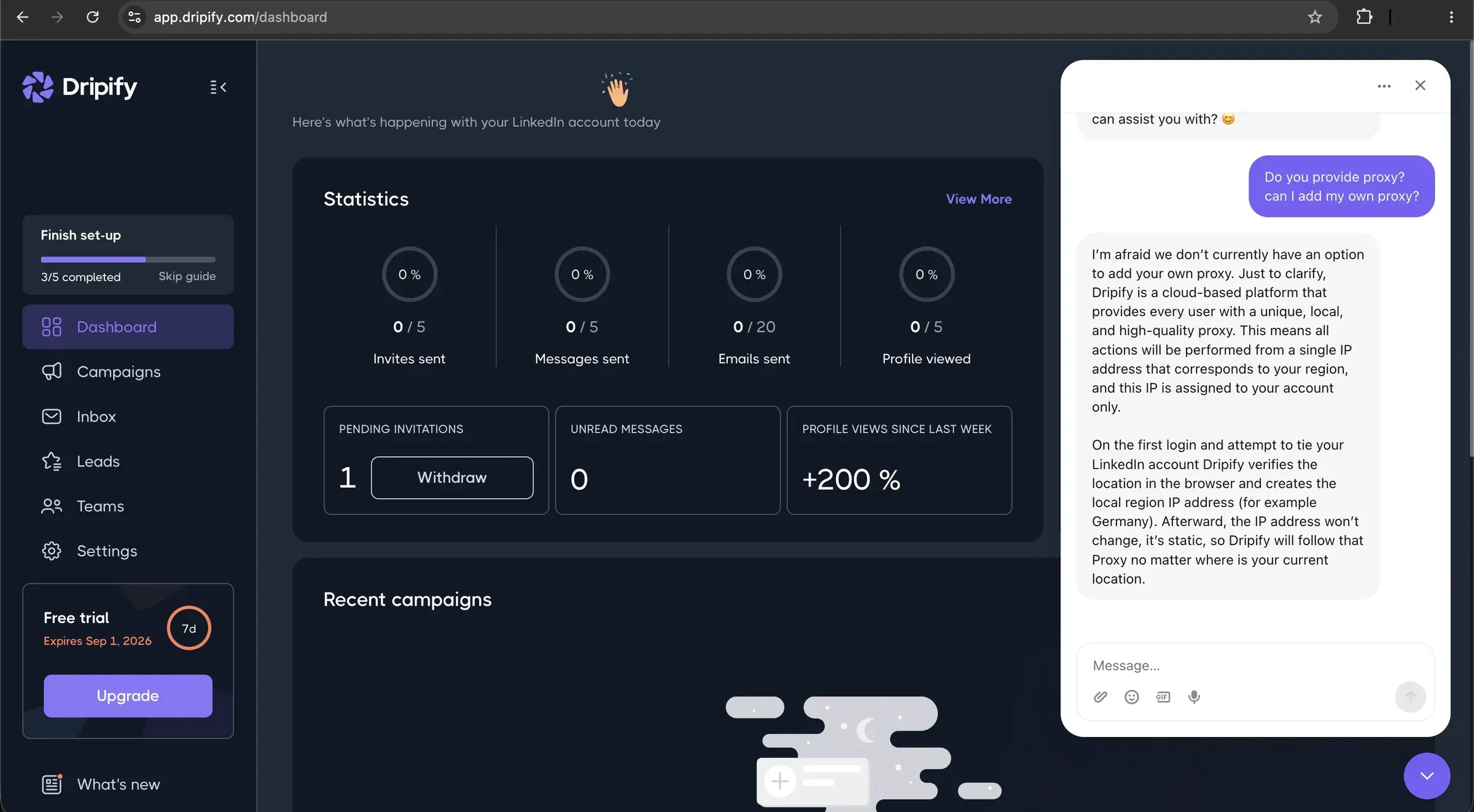 Dripify-Supportchat mit der Aussage, dass kein eigener Proxy hinzugefügt werden kann und jeder Benutzer eine eindeutige lokale IP-Adresse erhält
