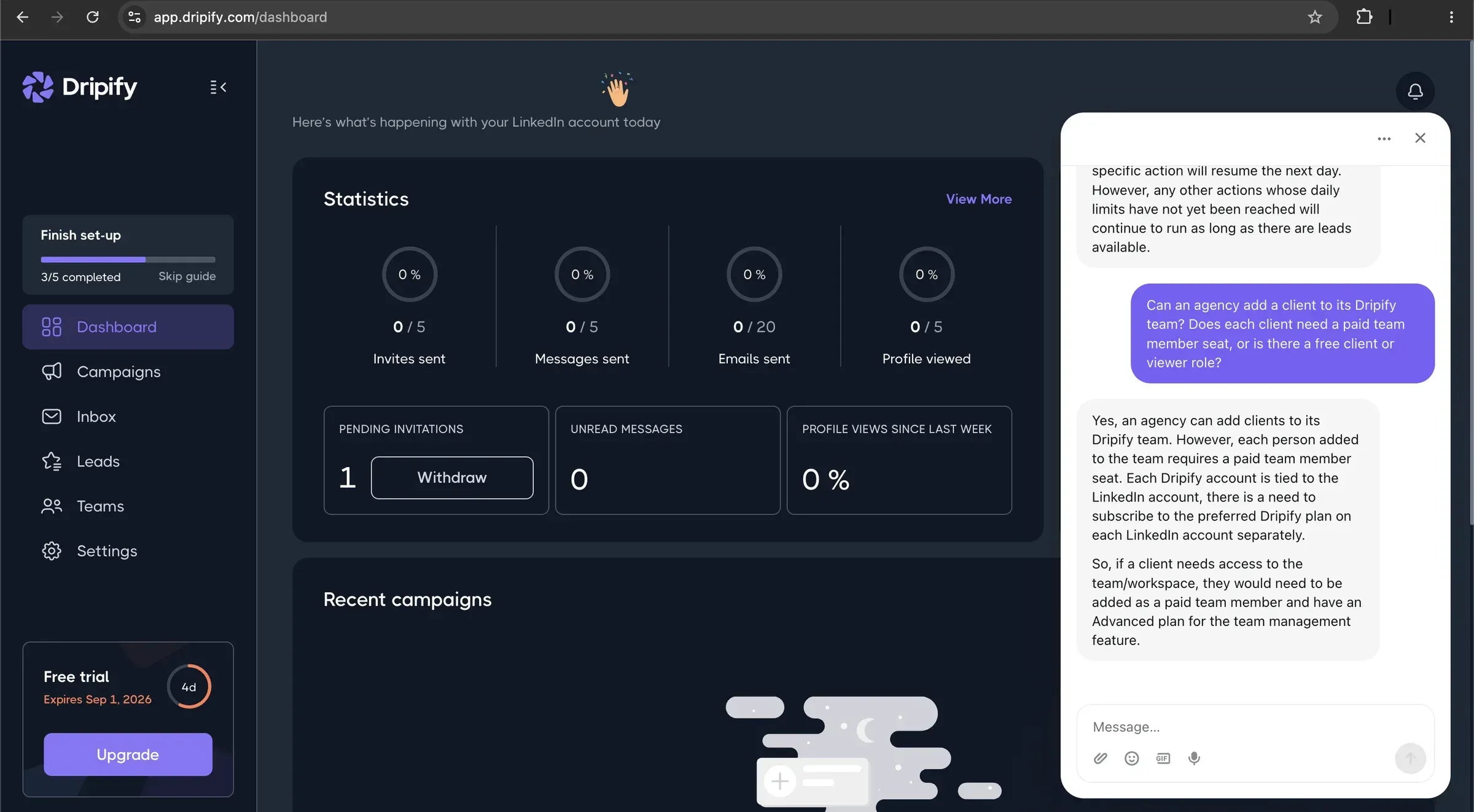 Dripify support chat saying each person added to the team requires a paid team member seat and the Advanced plan for team management