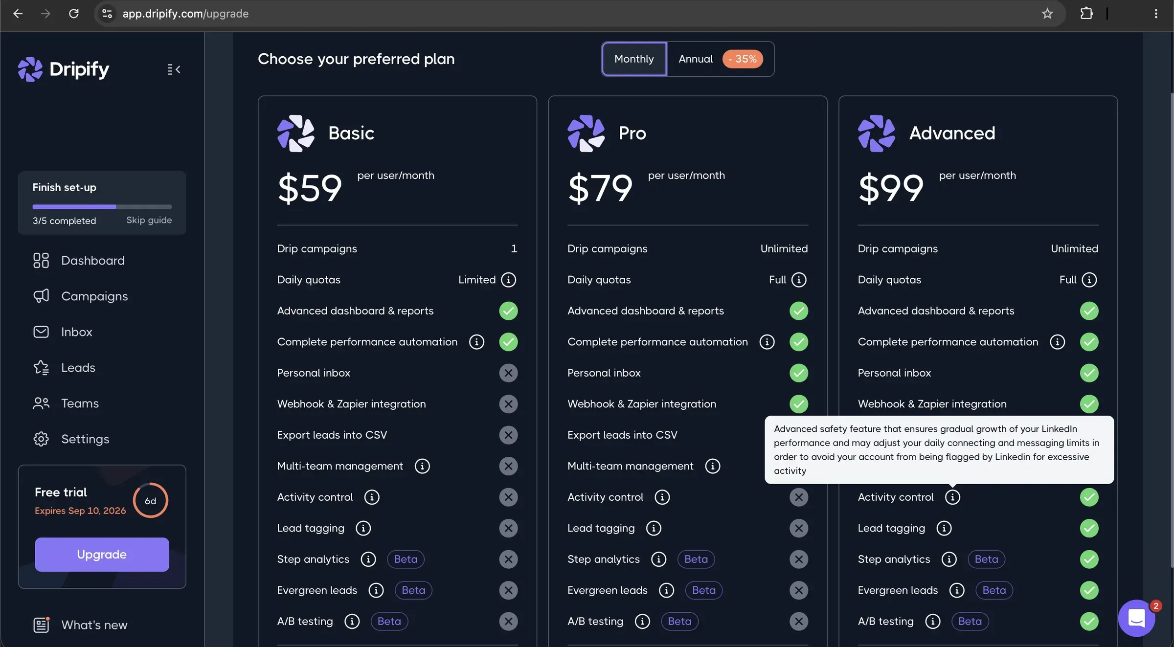 Dripify upgrade screen in our trial account with Basic at $59, Pro at $79 and Advanced at $99 per user per month and the feature gates of each plan