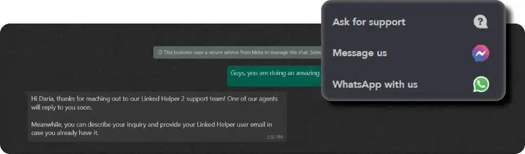 Beispiel für Supportkanäle von Linked Helper als Dripify-Alternative